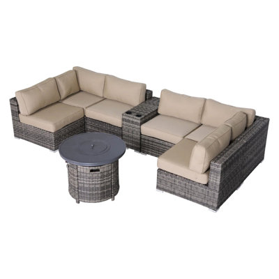 Patio Sectional 8 With 1 , 2 Sectionals, 14 Cushions, 55000 Fire Pit, - Design Removable Machine-Washable In Mixed Gray, Adjustable Flame High Weight Capacity