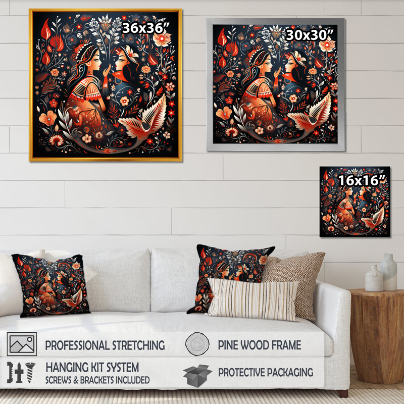 Art indien, Rajasthani Folklore Tales I - Art mural indien, Cadre flottant doré, H 16 po x l 16 po x P 1 po