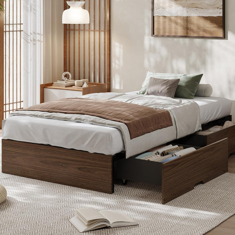 Twin XL Wood Platform Bed Frame with 2 Storage Drawers, No Box Spring, Brown, Twin XL