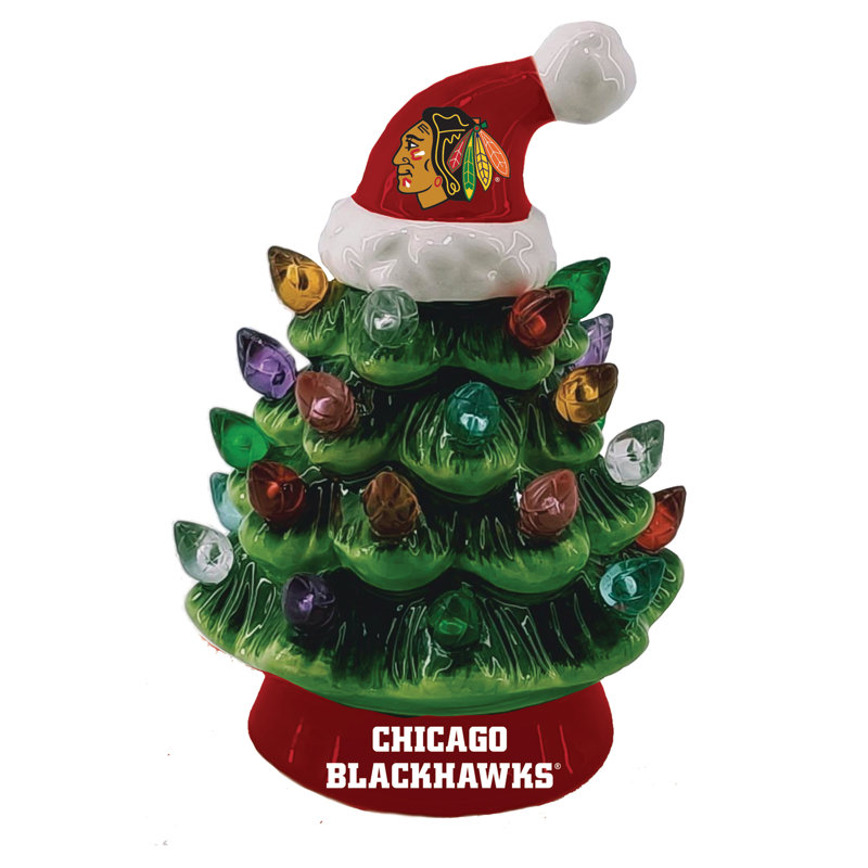 Ornement en forme d'arbre de Noël à DEL en céramique 4 po avec chapeau de père Noël, Blackhawks de Chicago