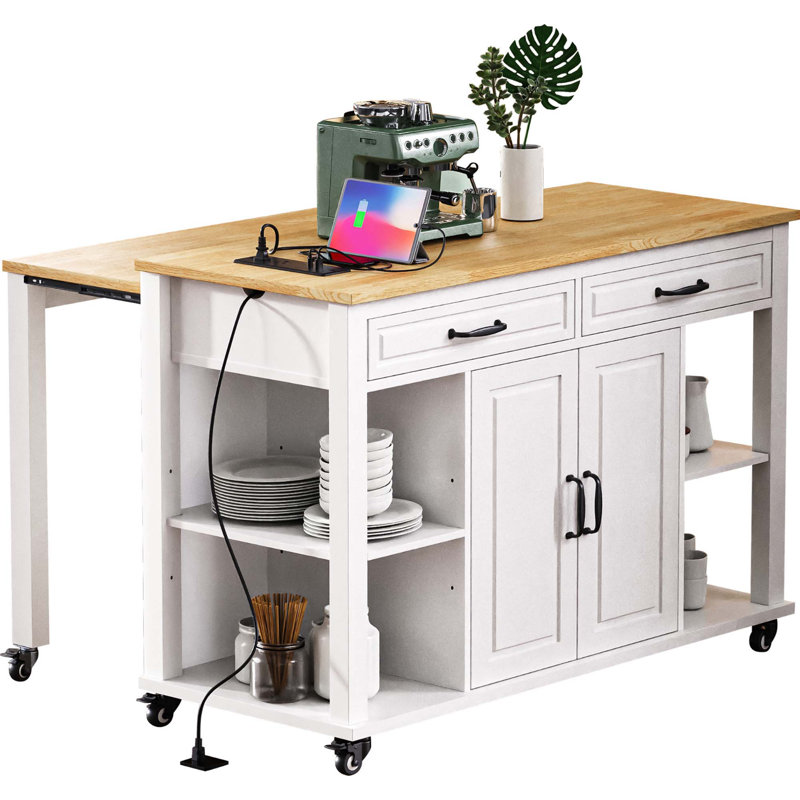 47 Inch Kitchen Island With Extendable Dining Table, Rubber Wood Veneer Kitchen Table With Internal Storage Rack, Power Outlet, Kitchen Island With Storage 2 Drawers 2 Cabinet