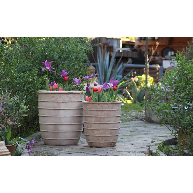 Pots de fleurs en grès à bord roulé, de hauteur moyenne, lot de 2 - Intérieur/Extérieur
