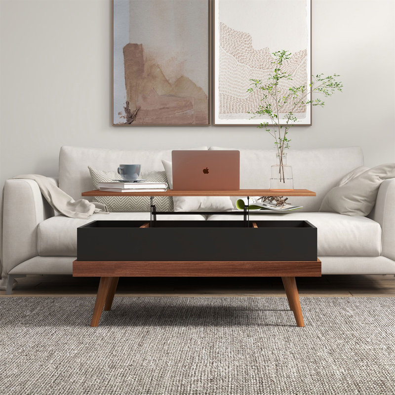 Table basse à plateau relevable avec compartiments cachés et pieds en bois