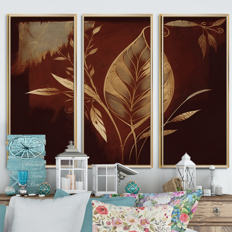 «Terra Cotta Chocolate Leaves IV», reproduction sur toile 3 pièces, H 32 po x l 48 po x P 1 po, Toile avec cadre doré