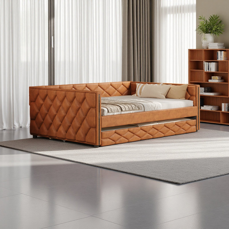 Full XL Size Upholstered Daybed With Trundle And LED, Brown