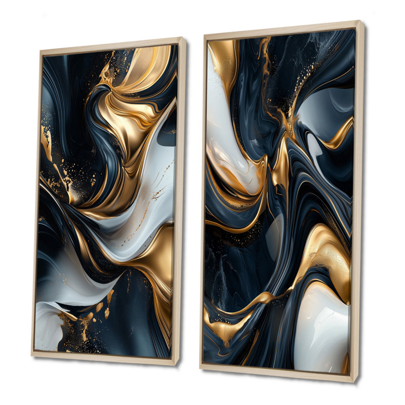Marbre captivant doré et noir I - ensemble d'art mural abstrait vagues modernes 2 pièces, H 40 po x l 40 po, Érable