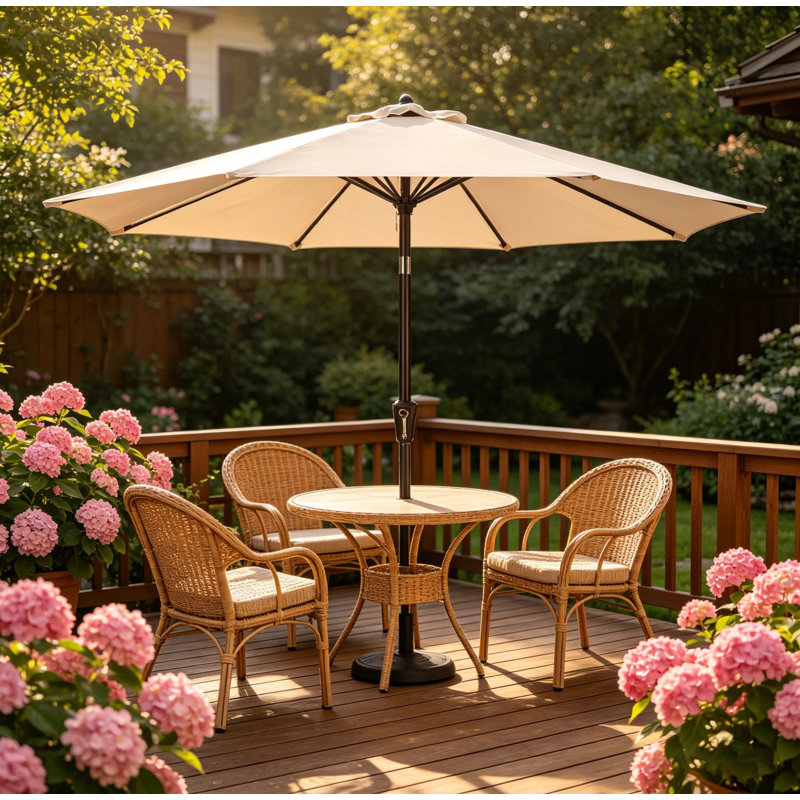 Parasol de marché pour terrasse 9 pi avec manivelle et inclinaison à bouton-poussoir, 8 nervures imperméables aux rayons UV