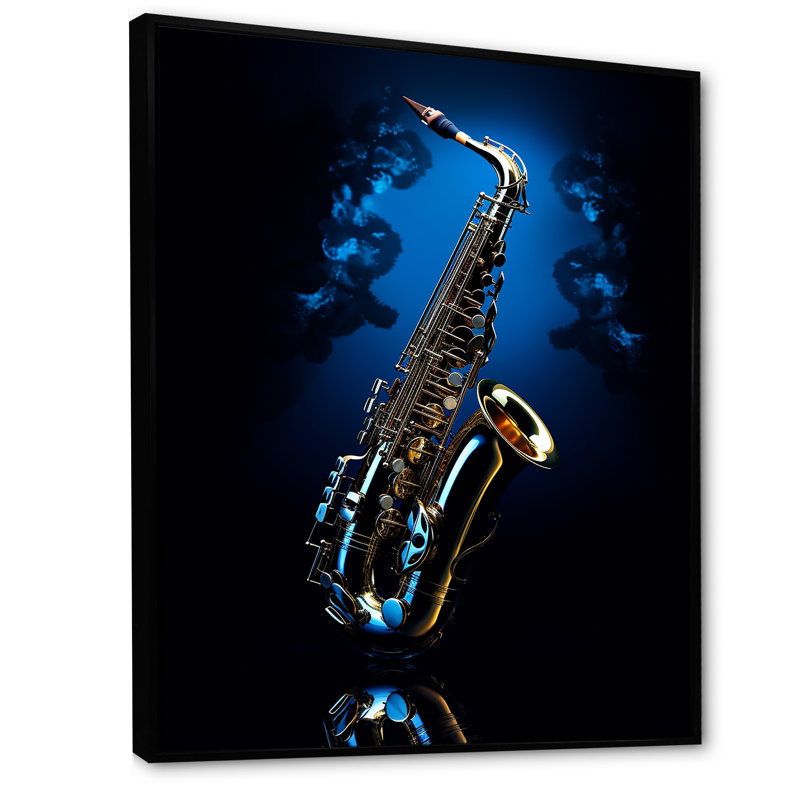 Saxophone bleu minuit II - musique, art mural, Cadre flottant noir, H 32 po x l 16 po x P 1 po
