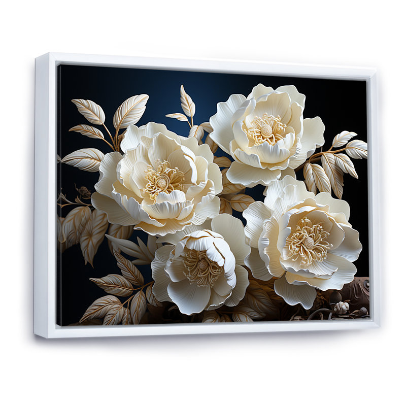 Pivoines blanches brillantes dans l'éclat, Cadre flottant blanc, H 16 po x l 32 po x P 1 po