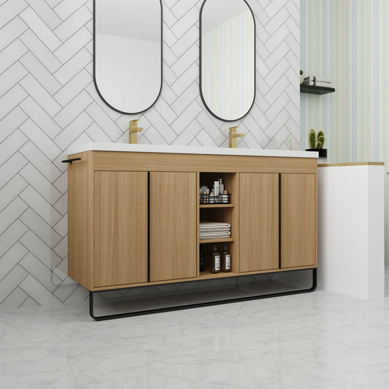 Meuble-lavabo autoportant en résine de 60 po avec 4 portes à fermeture en douceur, 59.12"