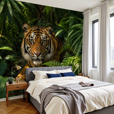 Papier peint adhésif pelez et collez majestueux tigre vert jungle dense feuillage tropical art mural auto-adhésif et amovible