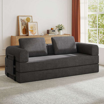 Convertible Sleeper Sofa Bed With Cylindrical Pillow - Corduroy Folding Mattress Couch With Fixed-Shape Frame For Living Room, Bedroom, Lounge, Studio