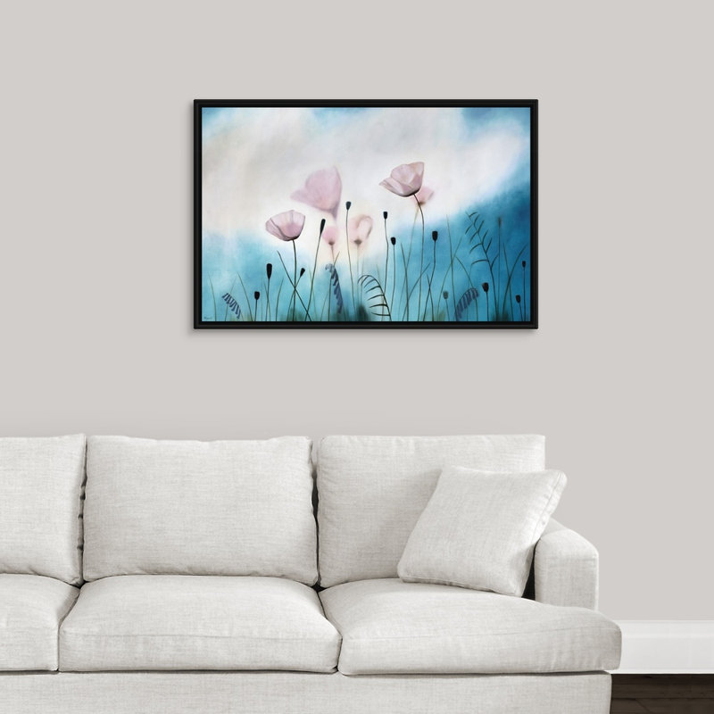 « gossamer prières », peinture sur toile, Cadre flottant noir, H 25,7 po x l 37,7 po x p 1,75 po