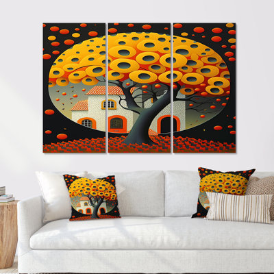 Arbre de floraison jaune dans une ville pittoresque - ensemble de salon d'art mural paysage abstrait