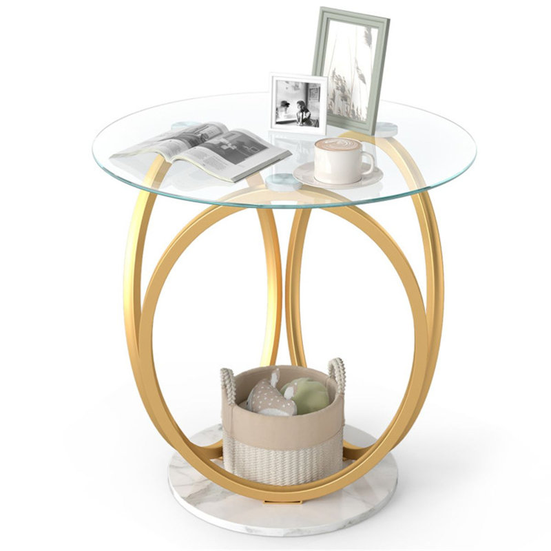 Table de bout moderne à 2 niveaux avec plateau en verre trempé et base en faux marbre