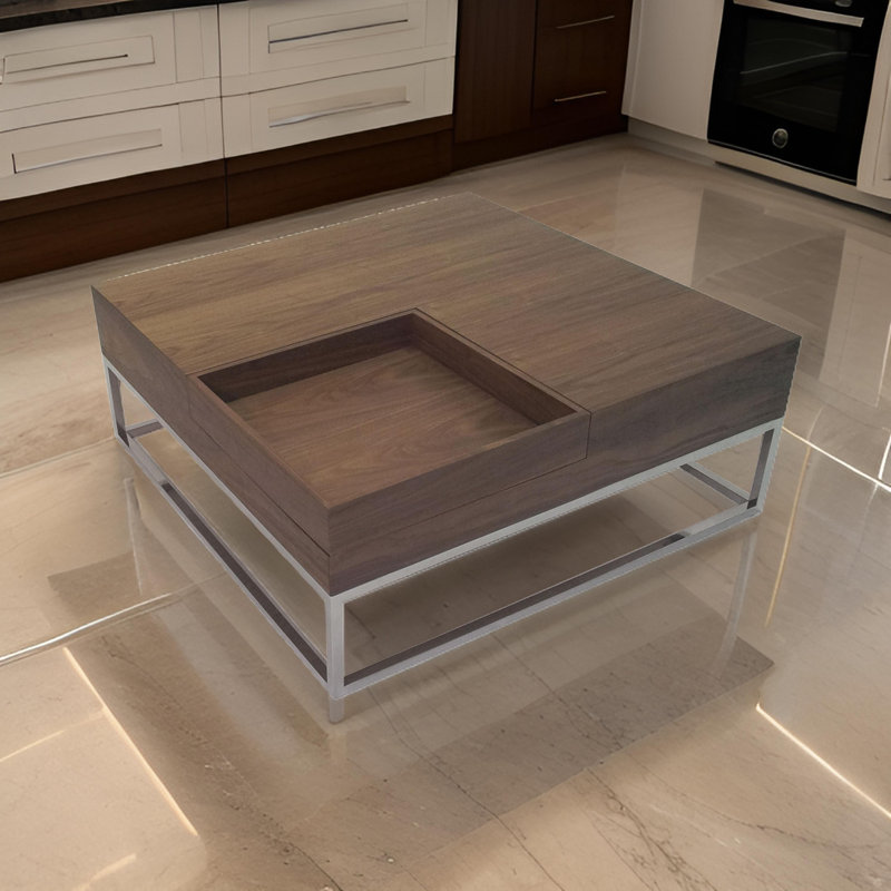 Walnut Square Wood and Metal Coffee Table with Storage