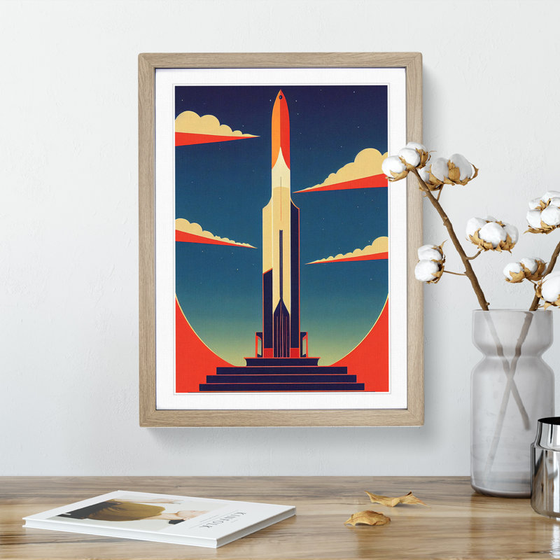 XV1022-4002X Spaceship Rocket Art Deco No.2 - Single Picture Frame Print, 46cm H x 34cm W x 2cm D, Oak