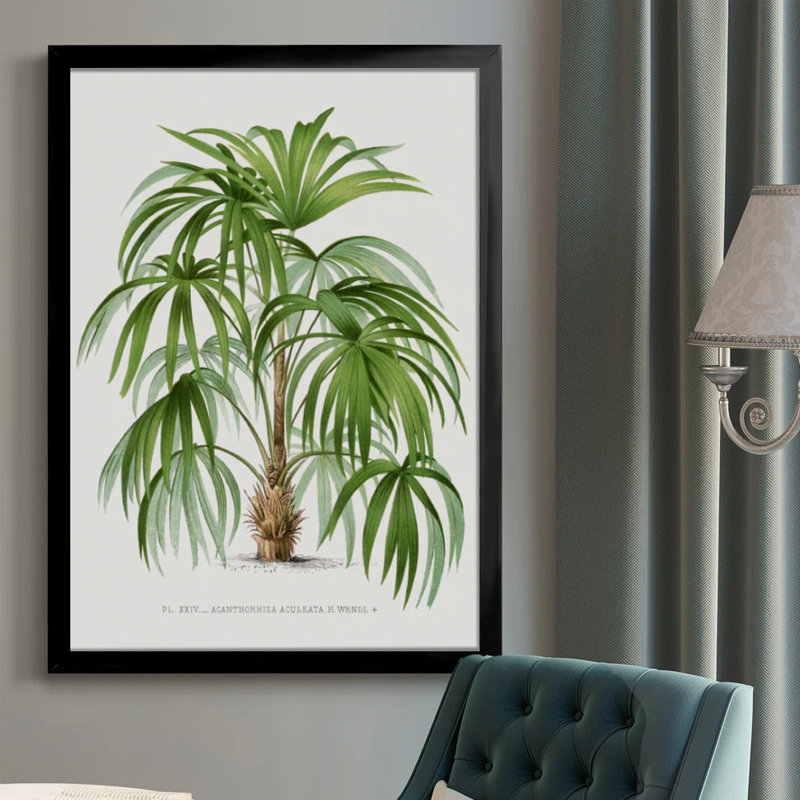 Palmier abstrait moderne avec de grandes feuilles vertes, style botanique. Art mural 24 "x 36" avec cadre en bois noir