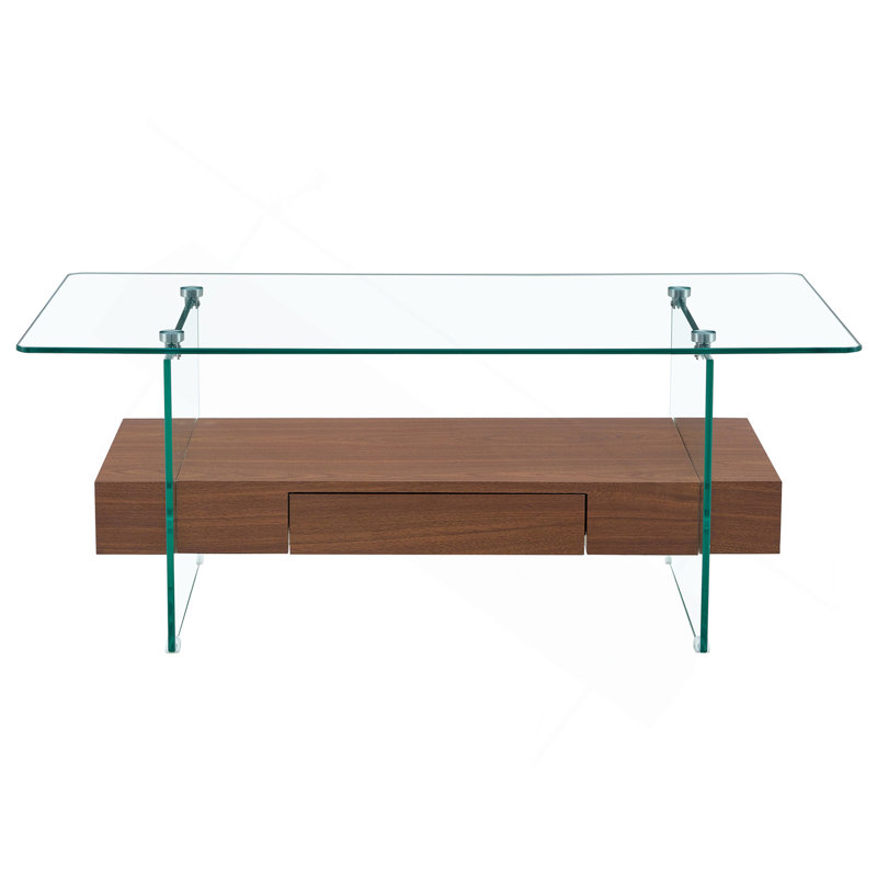 Table basse moderne à deux niveaux de 43,3 pouces - verre trempé transparent et grain de bois foncé, conception de rangement multifonctionnelle. L'étage inférieur comprend un tiroir. Peut être utilisé comme table basse, table d'appoint, etc.