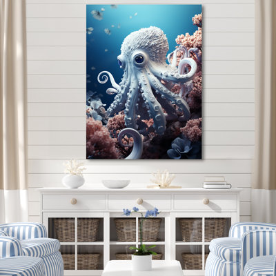 Impression sur toile monochrome, pieuvre bleue et blanche