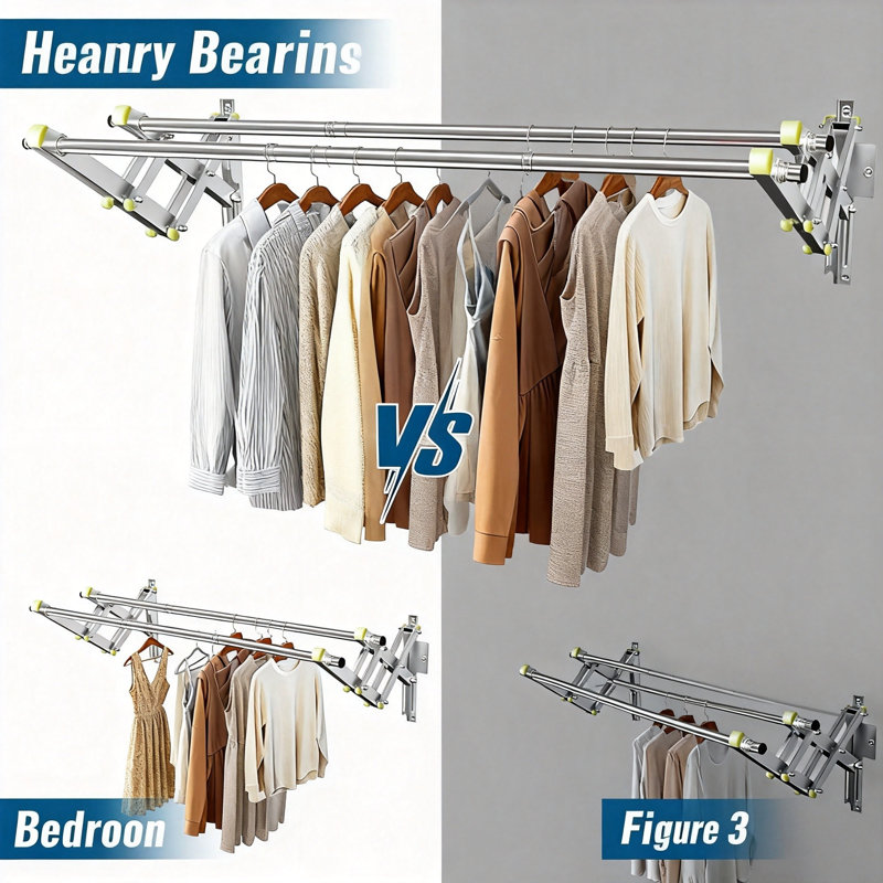 Foldable Wall-Mounted Clothes Rack, 2 Rows (Silver)