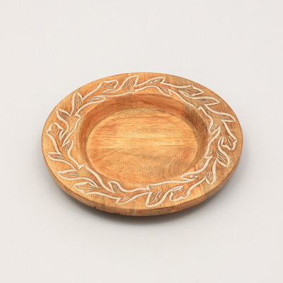 13 Inch Round Hand Carved Wood Charger Plate, Whitewashed Leaf Border Wooden Dining Charger Placemat, Rustic Artisan Table Decor