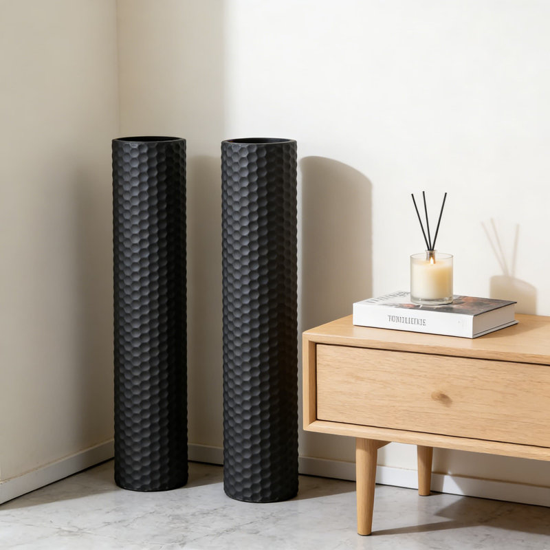 Modern Metal Floor Vase Set Of 2, 27.6 Inch Tall Cylinder Vases With Honeycomb Texture For Home Decor, Large Decorative Vases For Living Room, Bedroom, Or Corner