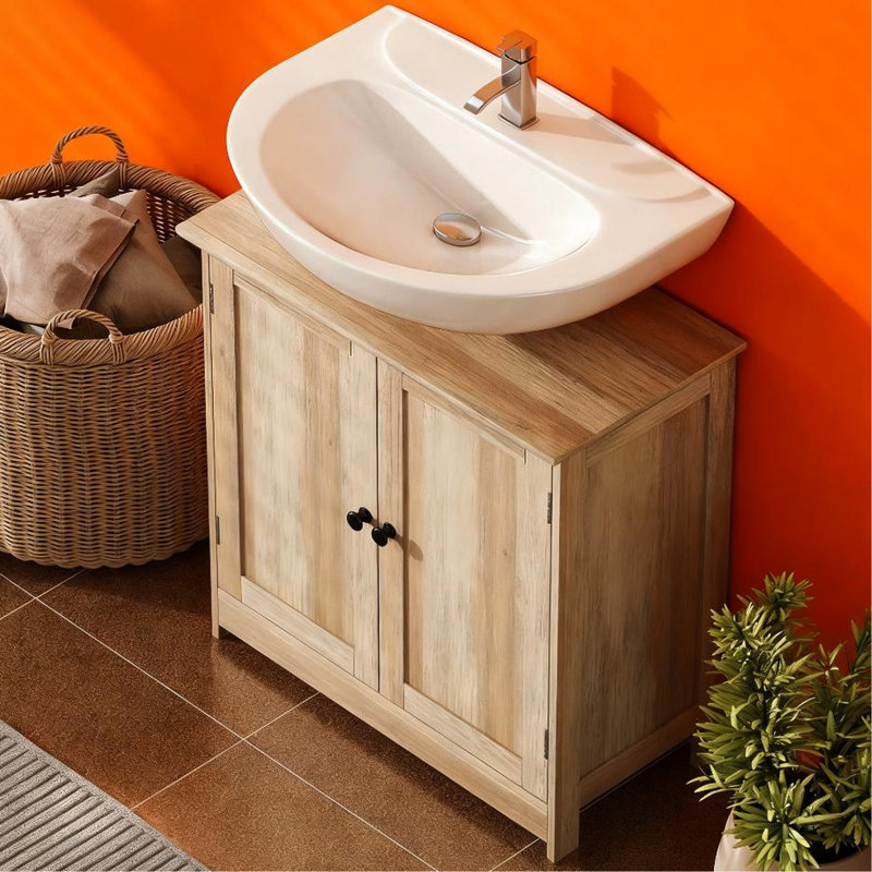 Meuble-lavabo sous-lavabo avec double porte et tablette réglable en chêne gris vieilli pour le nettoyage des fournitures de rangement
