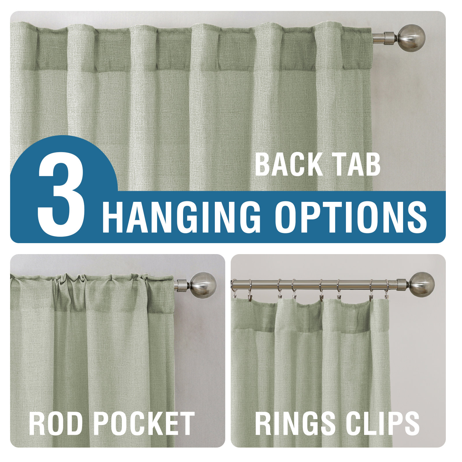 Linen Semi-Sheer Curtain Panel Set, 52" W x 63" L, Sage