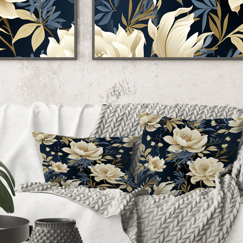 Coussin décoratif imprimé floral ivoire et bleu Industrial I