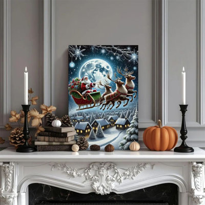 1 pièce encadrée, peinture de père Noël, vol de nuit en traîneau à rennes, style réaliste réaliste. Affiche décorative rétro pour la décoration intérieure, œuvre d'art moderne, cadeau parfait pour la chambre à coucher ou le salon.