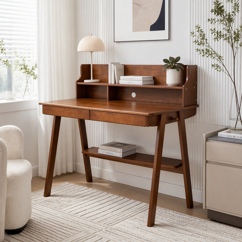 100% Solid Wood Desk with Drawers and Shelves for Home Office