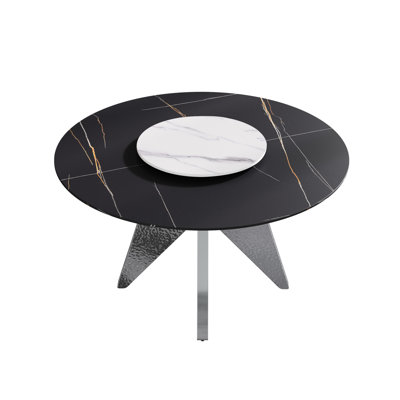 6 Table de salle à manger ronde de 53 po, base en acier inoxydable argenté, plateau en pierre frittée, facile à nettoyer pour 6 personnes, disque rotatif de 23,62 po, Scratch