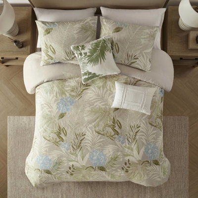 Housse de couette 5 pièces avec coussins décoratifs pour le très grand / très grand bord de mer, imprimé bleu, étiquette en coton imprimé tropical et pochettes brodées, fermeture à boutons