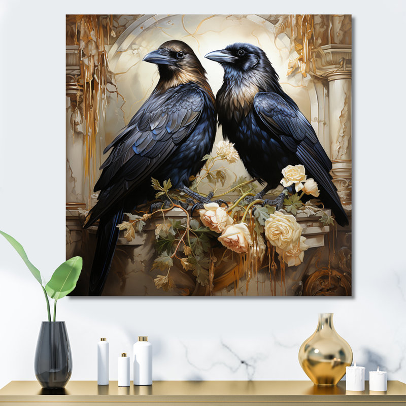 Bhopal Crow Golden Elegance - Imprimé, H 16 po x l 16 po x P 1 po, Toile tendue