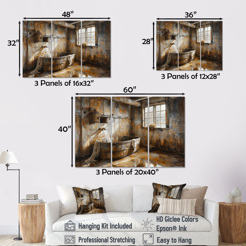 «Brown Rustic Bathroom Charm III», ensemble d'art mural rustique, Toile tendue, H 28 po x l 36 po x P 1 po