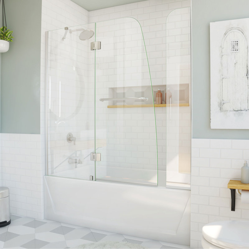 Aqua 56" W x 58" H Hinged Semi-Frameless Tub Door, Brushed Nickel