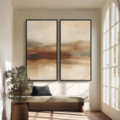 Warm Earth-Tone Abstract Landscape - Set of 2 Framed Wall Art Print on Canvas 60"x20"x2pcs