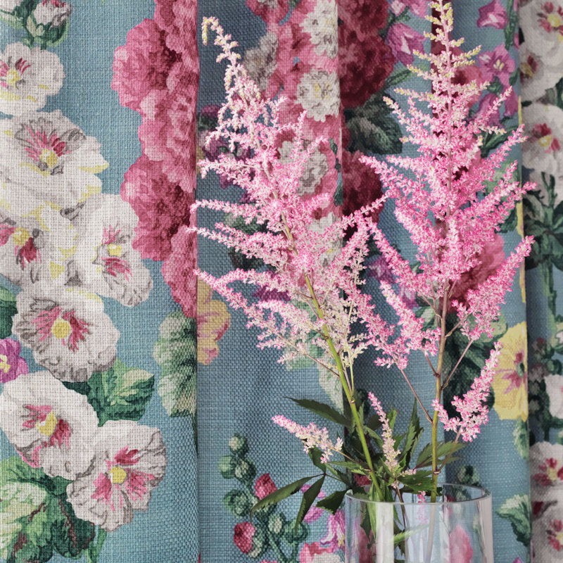 Hollyhocks Fabric, Petrol Blue/Multi