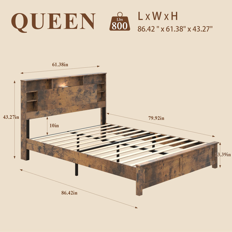 Cadre de lit Queen en bois avec tête de lit de rangement - Cadre de lit Queen avec station de recharge et éclairage DEL, Cadre de lit Queen en bois avec bibliothèque, Lits plates