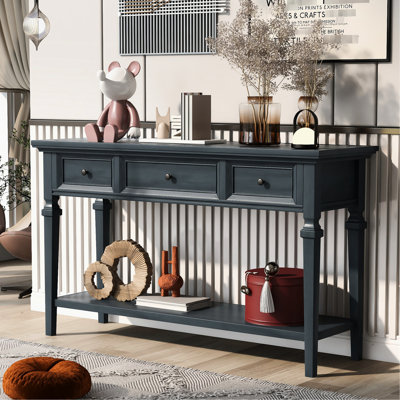 Console bleu marine avec trois tiroirs et espace de rangement de style rétro