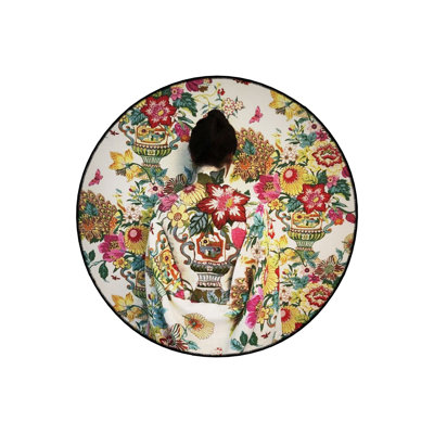 Multi Color Ethnic Motif and Woman Silhouette Pattern Round Woven Base Vintage Decorative Machine Washable Area Rug