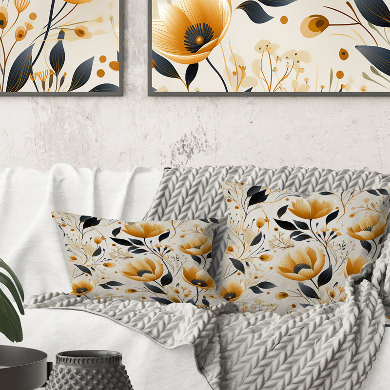 Coussin décoratif rétro à motif floral jaune et bleu sarcelle Flair Gardens, H 16 po x l 16 po