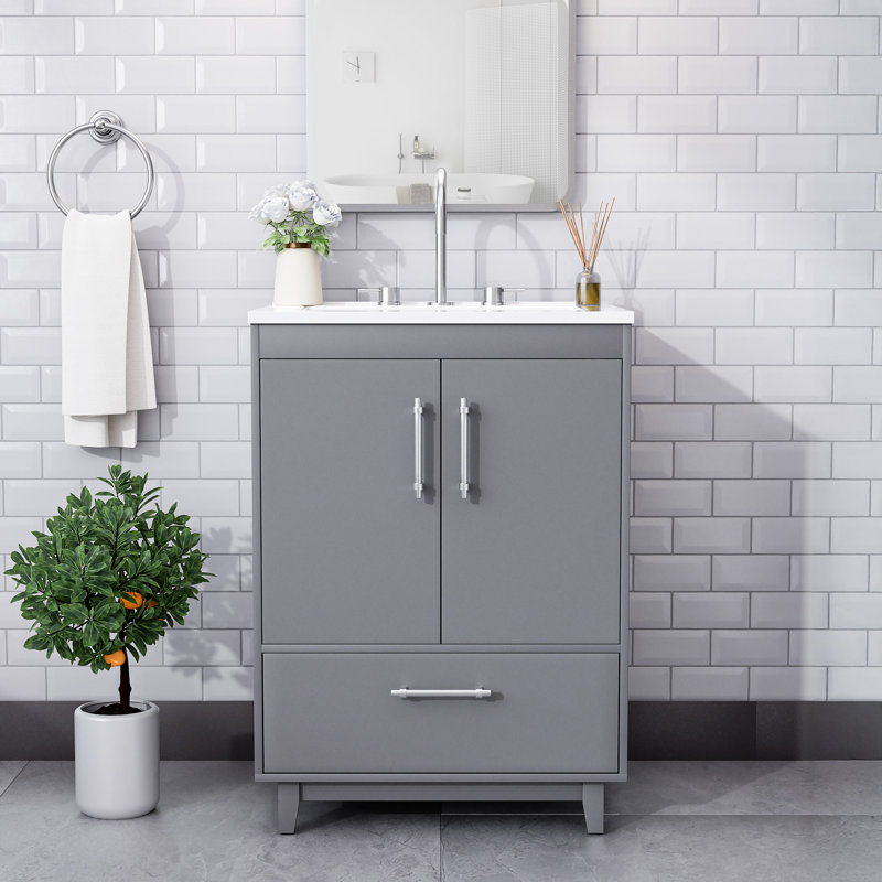 24" Single Bathroom Vanity With Resin Top And Sink Freestanding, Gray