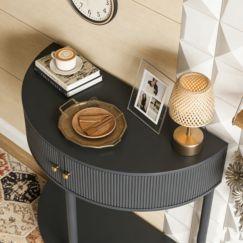 Console Table Half Moon Design End Table With 2 Storage Drawers And Bottom Shelf For Living Room, Bedroom, Study, Hallway