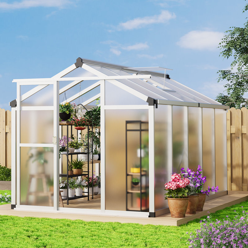 Enjyam All-Season Walk-In Polycarbonate Greenhouse for Outdoors, Heavy-Duty Aluminum Frame - UV Protection Panels - Roof Vent, Lockable Sliding Door, Easy Assembly 6x10x6.5 ft, Original Color (Box A)