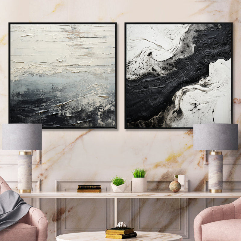 «Black and White Paint River», ensemble de 2 collages carrés à formes abstraites, Cadre flottant noir, H 36 po x l 73 po