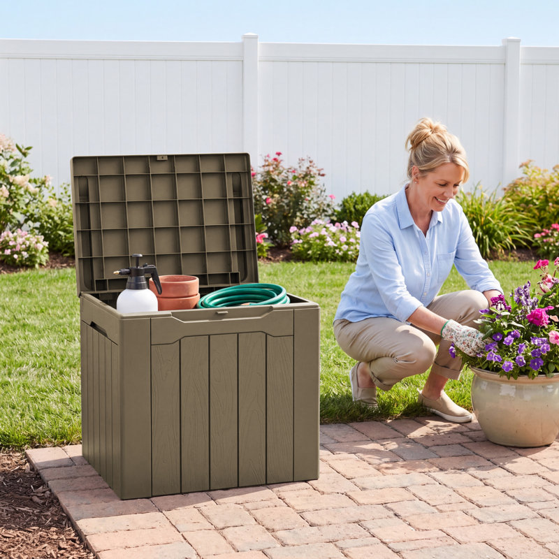 Coffre de terrasse verrouillable 32 gallons avec siège Devoko, Brun pâle