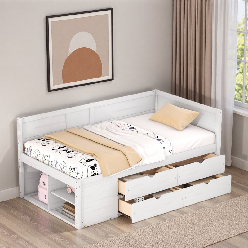 Lit de jour avec tiroirs et tablettes, Lit simple, Blanc