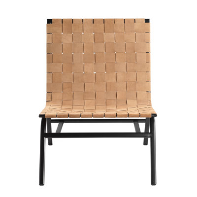 Woven Brown Leather Accent Chair - Stylish Design With Basket Weave And Metal In Mid-Century Style Back Plastic Foot Glides
